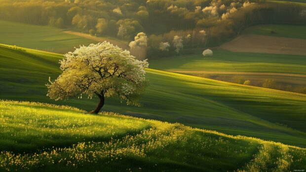 Lush green fields with spring season blooms.