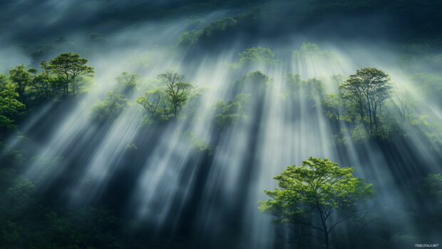 Lush green forest Amazing Laptop Wallpaper with sun rays filtering through dense trees.