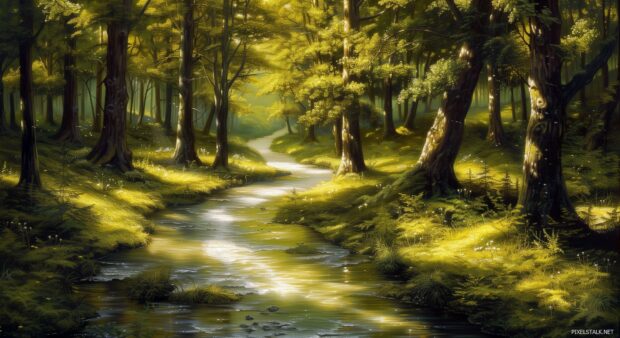 Lush green forest HD 1080p Nature Backgrounds with a winding river, sunlight filtering through the trees.