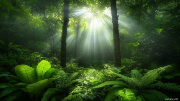 Lush green rainforest 1080p Wallpaper HD with towering trees, sunlight streaming through dense canopy, vibrant plants and ferns covering the forest floor.