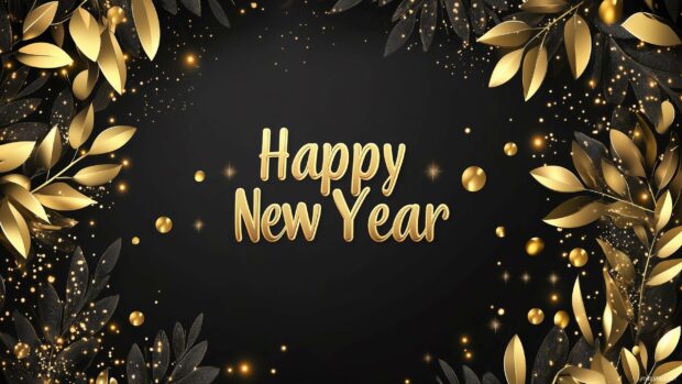 Luxurious black and gold background with metallic Happy New Year text embossed in shiny gold foil.