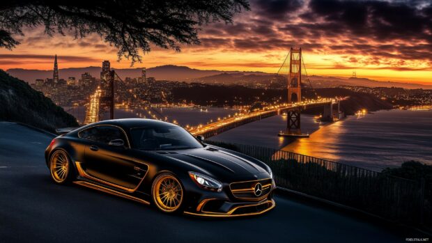 Luxurious black sedan Supercar Wallpaper with gold trim detailing.