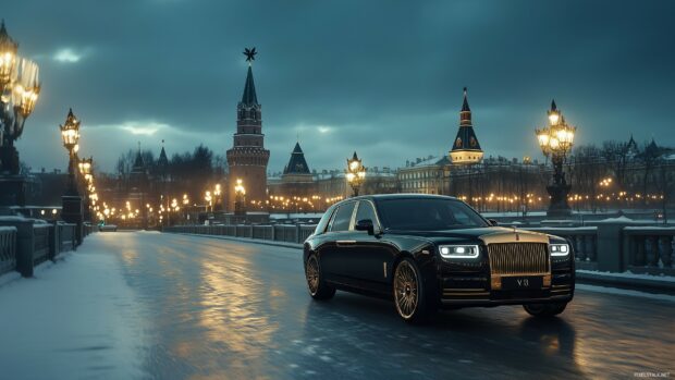 Luxurious black sedan with gold trim detailing, set against a dramatic cityscape background under a moody evening sky.