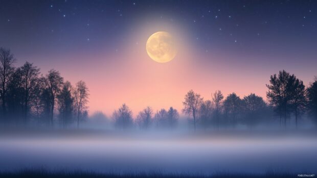 Magical night scene with the moon glowing softly above a misty forest, stars twinkling faintly in the background.