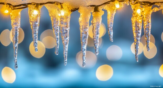 Magical winter scene with Christmas lights reflecting off icicles and snow, creating a serene and festive atmosphere.