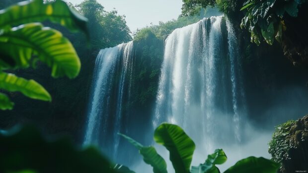 Majestic waterfall cascading down a lush green cliff, surrounded by mist and vibrant foliage.