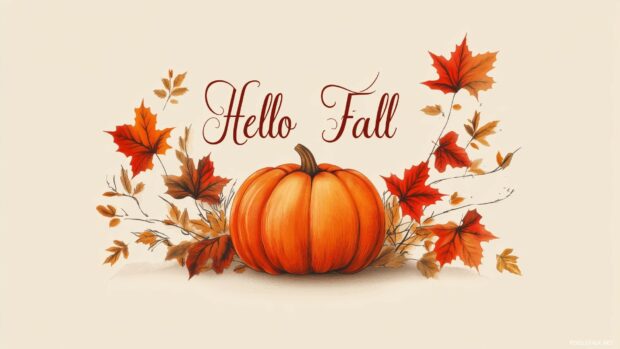 Minimal fall scene with a pumpkin and Hello Fall in elegant script, Cute Autumn wallpaper.