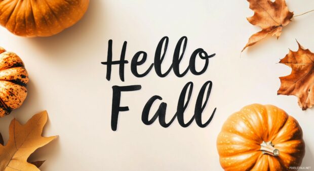 Minimal fall scene with a pumpkin and Hello Fall in elegant script, set against a clean beige background.