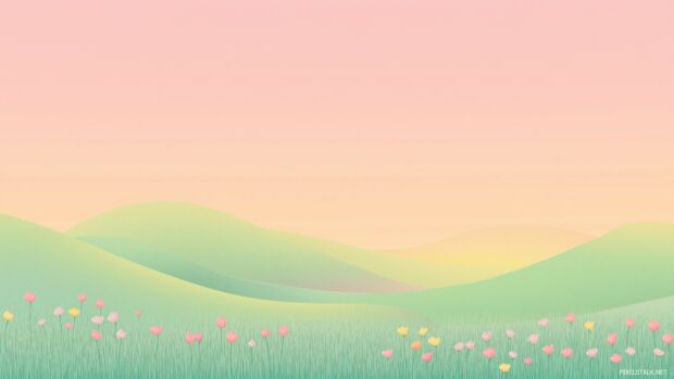 Minimal spring landscape desktop wallpaper with rolling green hills, a small patch of colorful flowers, and a pastel gradient sky.