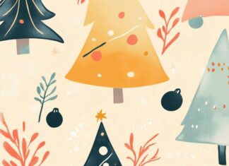 Minimalist Christmas trees with simple geometric ornaments.