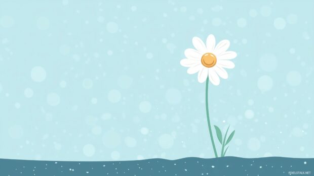 Minimalist and cute spring wallpaper features a single daisy flower in full bloom with a blurred soft blue background.