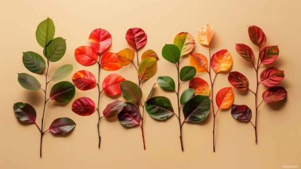 Minimalist arrangement of colorful fall leaves on a neutral background.