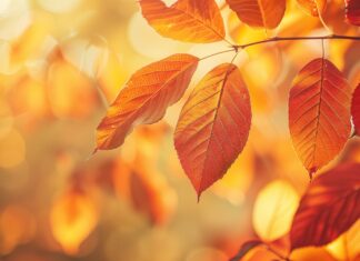 Minimalist autumn leaves in a soft light, 2K desktop wallpaper.