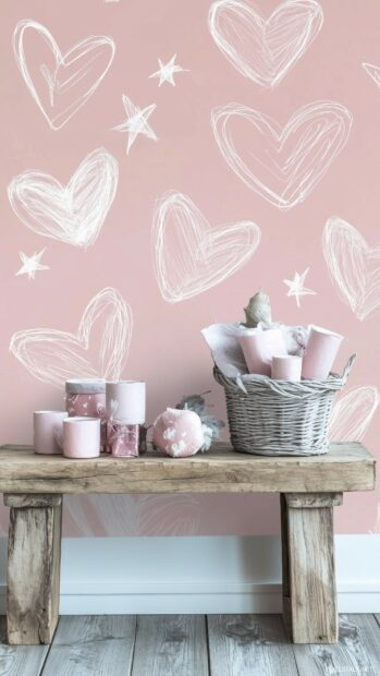 Minimalist blush pink Valentines wallpaper with hand drawn hearts and stars.