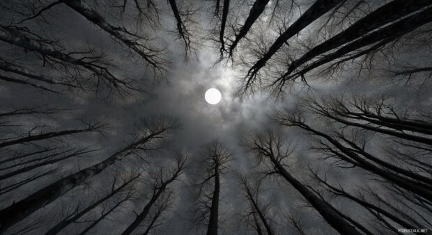 Minimalist dark forest wallpaper with elegant shadow play between branches, moonlight casting soft rays through the tree canopy.