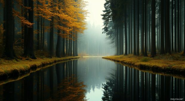 Minimalist forest lake reflection with tall trees and a tranquil.