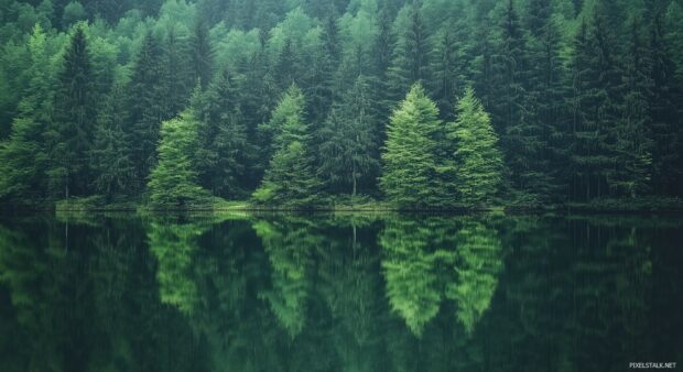 Minimalist forest lake reflection with tall trees and a tranquil, glass like surface, set in a peaceful woodland.