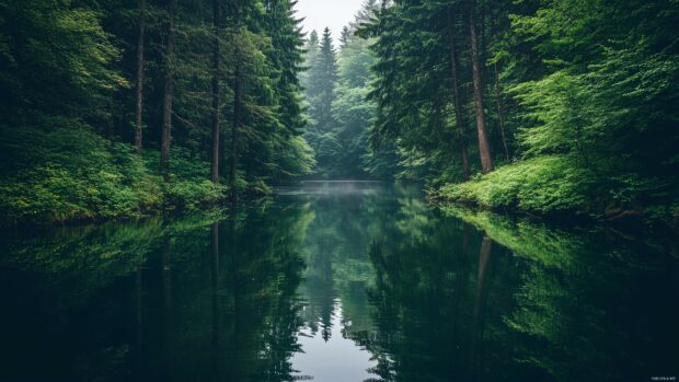 Minimalist forest lake reflection, with tall trees and a tranquil, glass like surface, set in a peaceful woodland.