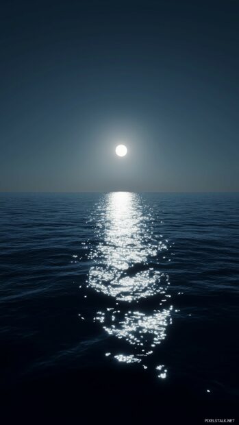 Minimalist moonlight reflecting on a calm sea, with a clear horizon and soft ripples.