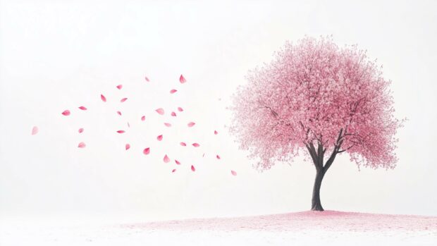 Minimalist pink tree silhouette with falling pink leaves over a soft white background.