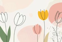 Minimalist spring inspired wallpaper featuring soft focus tulips in pastel pink, yellow, and white.