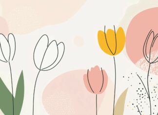 Minimalist spring inspired wallpaper featuring soft focus tulips in pastel pink, yellow, and white.