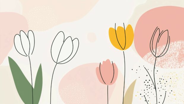 Minimalist spring inspired wallpaper featuring soft focus tulips in pastel pink, yellow, and white.