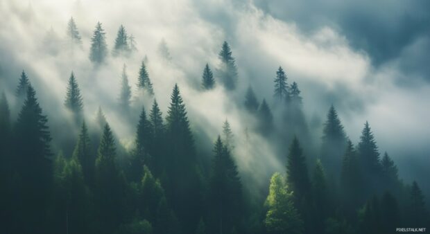 Misty Forest Desktop HD Wallpaper with towering evergreens and soft light filtering through the fog.