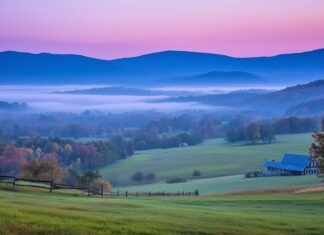 Misty blue Mountains stretching into the horizon under a soft pastel sky.