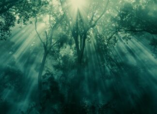 Misty morning in a dense forest, sunlight breaking through the fog, wallpaper Full HD 1920x1080.