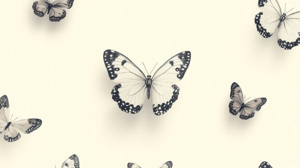 Monochrome butterflies wallpaper HD with detailed wing patterns, scattered over a neutral toned background.