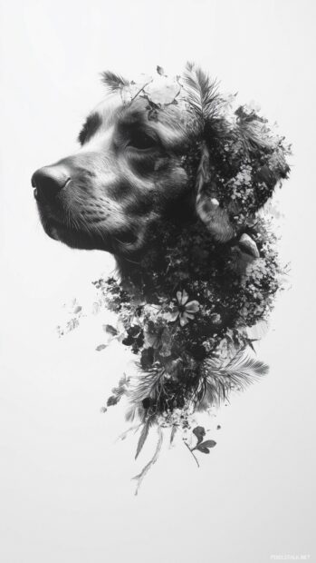 Monochrome dog wallpaper with aesthetic overlays like flowers, feathers, and faded letters.