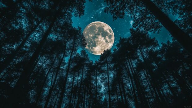 Moon 4K wallpaper with a massive full moon illuminating a dark forest, with silhouettes of towering trees and a hint of stars.