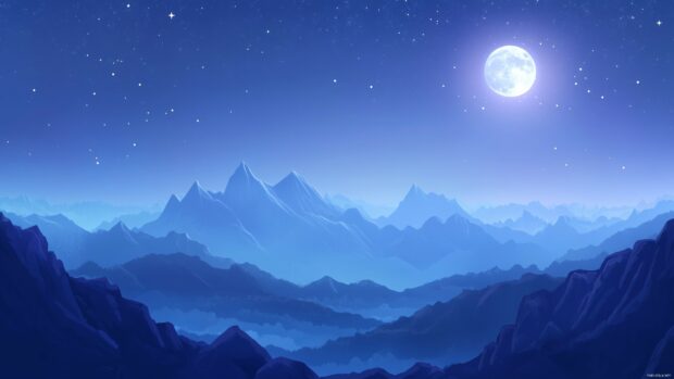 Moon 4K wallpaper with a peaceful mountain landscape illuminated by bright moonlight, with silhouettes of distant peaks and a starry sky.