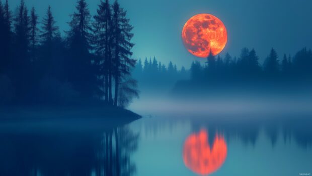 Moon 4K wallpaper with a red moon over a calm, reflective lake, surrounded by misty forests.