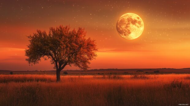 Moon Desktop 2K Wallpaper with a harvest moon in warm orange hues, rising over a quiet autumn landscape with fields and trees glowing under its light.