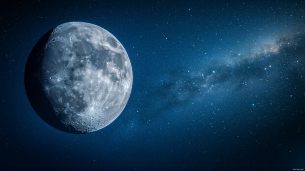 Moon Desktop HD Wallpaper with a new moon phase in a clear sky, with the night illuminated by stars and a faint glow of the Milky Way in the distance.