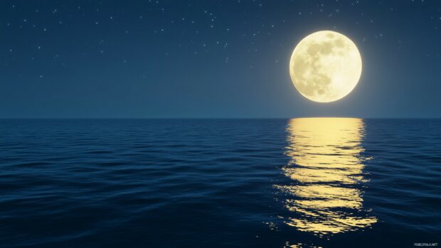 Moon Desktop Wallpaper with a full moon illuminating a calm, starry night sky over a serene ocean, with soft reflections on the water.