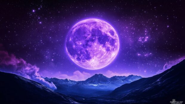 Moon HD Wallpaper with a vivid night sky featuring a large purple moon surrounded by stars.