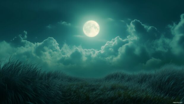 Moon HD Wallpaper with the moonlight filtering through dense clouds over a tranquil meadow.