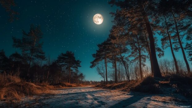 Moon Wallpaper HD with a serene forest bathed in soft moonlight, with long shadows cast by the trees, and a clear night sky above.