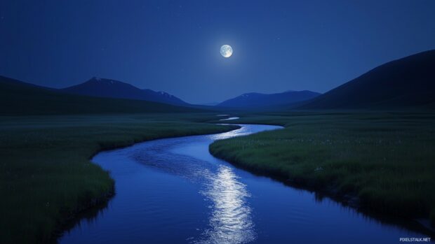 Moon Wallpaper HD with a winding river reflecting moonlight as it cuts through a quiet valley.