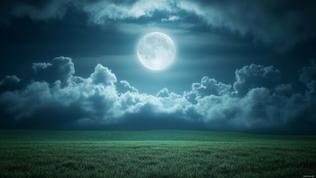 Moon Wallpaper HD with the Moonlight filtering through dense clouds over a tranquil meadow.