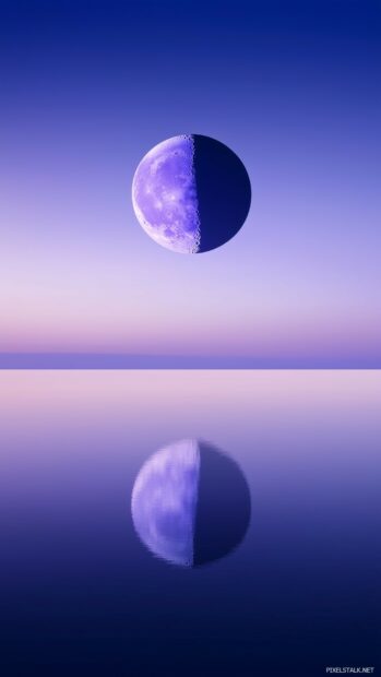 Moon iPhone Wallpaper featuring a soft purple Moon against a clear, gradient night sky, with a simple reflection of the Moon on a calm body of water below.