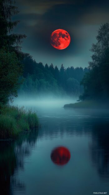 Moon iPhone Wallpaper with a Blood Moon hanging low in the sky above a tranquil, misty river.