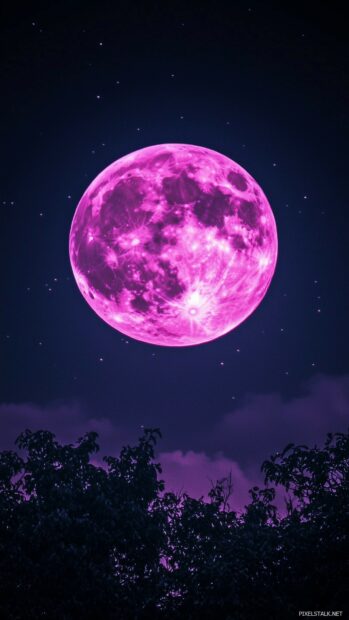 Moon iPhone Wallpaper with a perfectly round purple Moon, softly glowing against a crisp, cloudless backdrop, with delicate starlight creating a sense of tranquility and elegance.