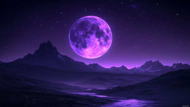 Moon wallpaper 4K featuring a large purple Moon surrounded by stars, with the Moon’s soft light gently illuminating a distant mountain range.