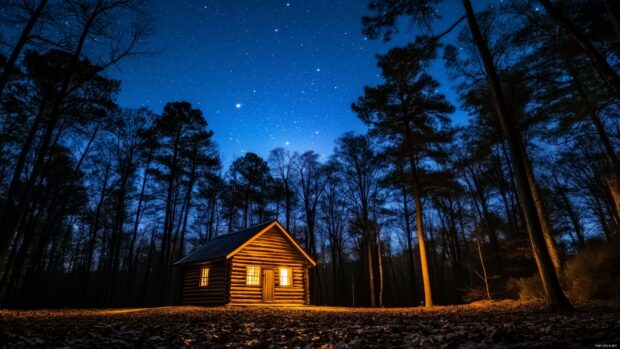 Moon wallpaper 4K with a small cabin in the woods, gently illuminated by moonlight, with soft shadows and a star filled sky above.