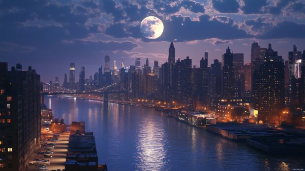 Moon wallpaper 4K with a stunning cityscape at night with a brilliant full moon hanging over a bustling skyline.