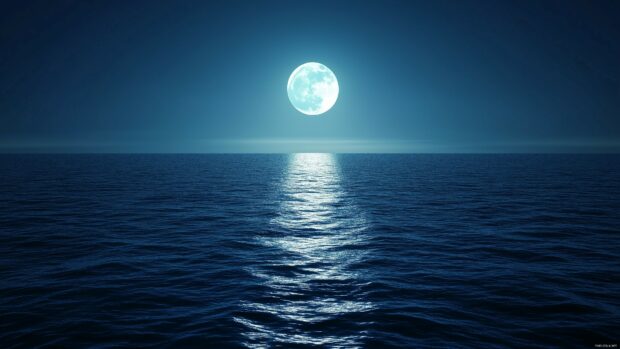 Moon wallpaper 4K with moonlight reflecting on calm ocean waves under a cloudless sky.